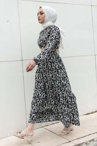 Modalamelif Burçak Desen Hasır Kemerli Elbise Siyah