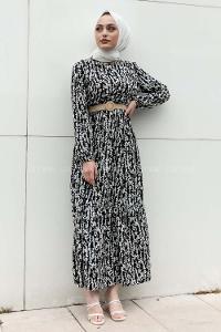 Modalamelif Burçak Desen Hasır Kemerli Elbise Siyah