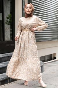 Modalamelif Burçak Desen Hasır Kemerli Elbise Sütlü Kahve