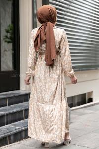 Modalamelif Burçak Desen Hasır Kemerli Elbise Sütlü Kahve
