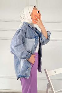 Modalamelif Büyük Cep  Parça Deyalı Kot Ceket Mavi