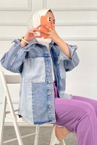 Modalamelif Büyük Cep  Parça Deyalı Kot Ceket Mavi