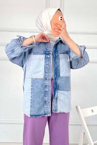 Modalamelif Büyük Cep  Parça Deyalı Kot Ceket Mavi