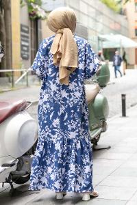 Modalamelif Çiçek Desen Kol lastikli Elbise İndigo