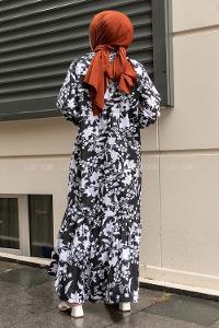 Modalamelif Çiçek Desen Kol lastikli Elbise Siyah