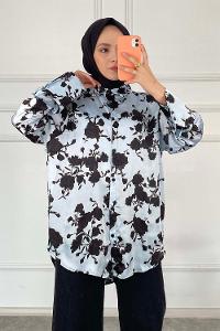 Modalamelif Çiçek Desen Saten Gömlek Mavi