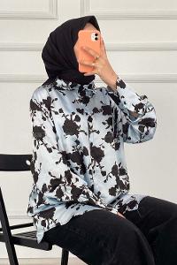 Modalamelif Çiçek Desen Saten Gömlek Mavi