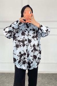 Modalamelif Çiçek Desen Saten Gömlek Mavi