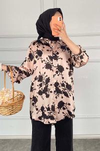Modalamelif Çiçek Desen Saten Gömlek Pudra