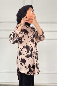 Modalamelif Çiçek Desen Saten Gömlek Pudra