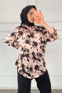 Modalamelif Çiçek Desen Saten Gömlek Pudra