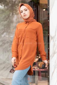 Modalamelif Çift Cepli Uzun Gömlek Kahverengi