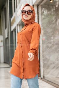 Modalamelif Çift Cepli Uzun Gömlek Kahverengi