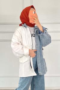 Modalamelif Hakim Yaka Gizli Fermuarlı  Kapak Cepli Garnili Ceket Beyaz