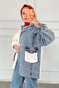 Modalamelif Hakim Yaka Gizli Fermuarlı  Kapak Cepli Garnili Ceket Beyaz