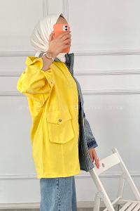 Modalamelif Hakim Yaka Gizli Fermuarlı  Kapak Cepli Garnili Ceket Sarı