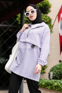 Modalamelif Kanguru Cep Çizgili Tunik Mor