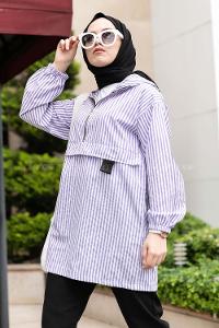 Modalamelif Kanguru Cep Çizgili Tunik Mor