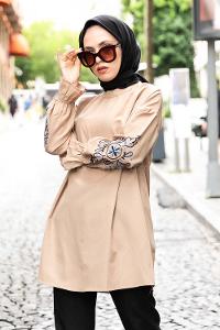 Modalamelif Kol lastikli Nakış Detaylı Camel