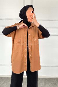 Modalamelif Kol Püsküllü Önü Çıt Çıt Düğmeli  Gömlek Camel