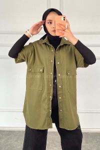 Modalamelif Kol Püsküllü Önü Çıt Çıt Düğmeli  Gömlek Haki