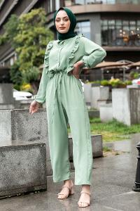 Modalamelif Omuz Fırfırlı Yarım Düğmeli Tulum Elbise Çağla Rengi