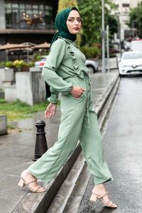 Modalamelif Omuz Fırfırlı Yarım Düğmeli Tulum Elbise Çağla Rengi