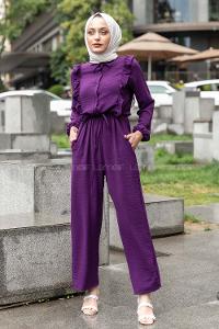 Modalamelif Omuz Fırfırlı Yarım Düğmeli Tulum Elbise Mor