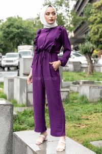 Modalamelif Omuz Fırfırlı Yarım Düğmeli Tulum Elbise Mor