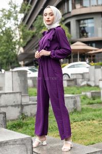 Modalamelif Omuz Fırfırlı Yarım Düğmeli Tulum Elbise Mor