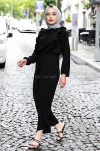 Modalamelif Omuz Fırfırlı Yarım Düğmeli Tulum Elbise Siyah