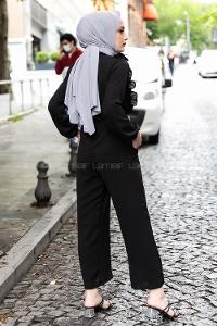 Modalamelif Omuz Fırfırlı Yarım Düğmeli Tulum Elbise Siyah