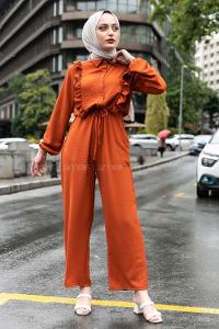 Modalamelif Omuz Fırfırlı Yarım Düğmeli Tulum Elbise Taba Rengi