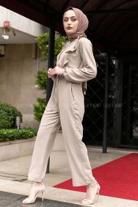 Modalamelif Omuz Fırfırlı Yarım Düğmeli Tulum Elbise Taş Rengi