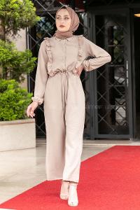 Modalamelif Omuz Fırfırlı Yarım Düğmeli Tulum Elbise Taş Rengi