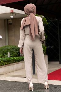 Modalamelif Omuz Fırfırlı Yarım Düğmeli Tulum Elbise Taş Rengi