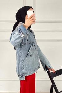 Modalamelif Önü Cıt Cıt Düğmeli Kapüşonlu Ceket Kot Mavisi-Gri