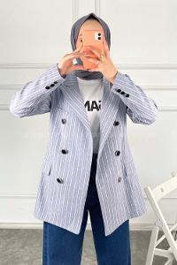Modalamelif Önü Düğme Detaylı Çizgili Ceket Açık Mavi