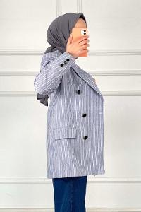 Modalamelif Önü Düğme Detaylı Çizgili Ceket Açık Mavi