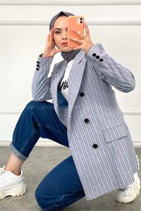 Modalamelif Önü Düğme Detaylı Çizgili Ceket Açık Mavi