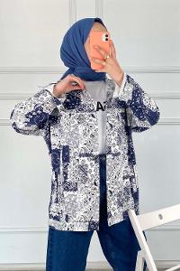 Modalamelif Önü Düğmeli Desenli Crop Ceket Lacivert