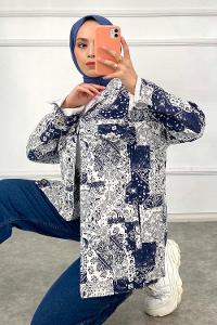 Modalamelif Önü Düğmeli Desenli Crop Ceket Lacivert