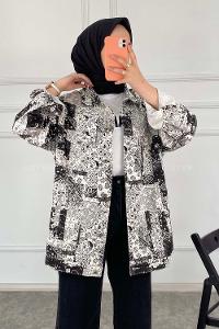 Modalamelif Önü Düğmeli Desenli Crop Ceket Siyah