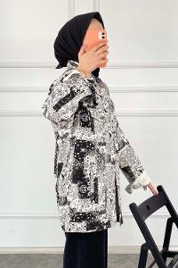 Modalamelif Önü Düğmeli Desenli Crop Ceket Siyah