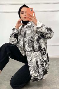 Modalamelif Önü Düğmeli Desenli Crop Ceket Siyah