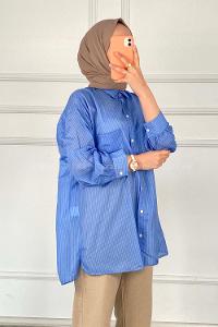 Modalamelif Önü Düğmeli  Tek Cepli Çizgili Gömlek Mavi