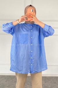 Modalamelif Önü Düğmeli  Tek Cepli Çizgili Gömlek Mavi