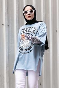 Modalamelif Berkeley Baskılı  Yan Yırtmaçlı T-Shirt Bebe Mavi
