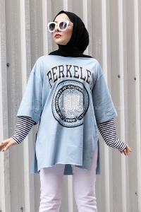 Modalamelif Berkeley Baskılı  Yan Yırtmaçlı T-Shirt Bebe Mavi