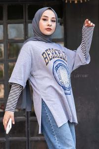 Modalamelif Berkeley Baskılı  Yan Yırtmaçlı T-Shirt Gri
